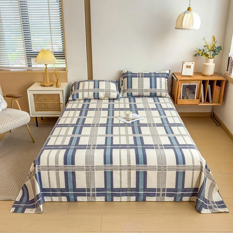 Geometric Plaid Pattern Bed Sheet Set Simple Grid Flat Sheet 100% Cotton Bedding Breathable Durable Sheets with 2 Pillowcases