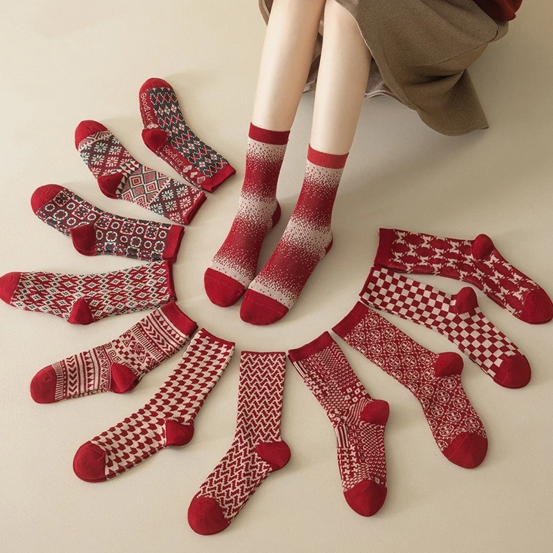 

6 Pairs Happy New Year Socks for Women Combed Cotton Fashion Red Christams Sock Sets Female Winter and Spring Double Needle Sock