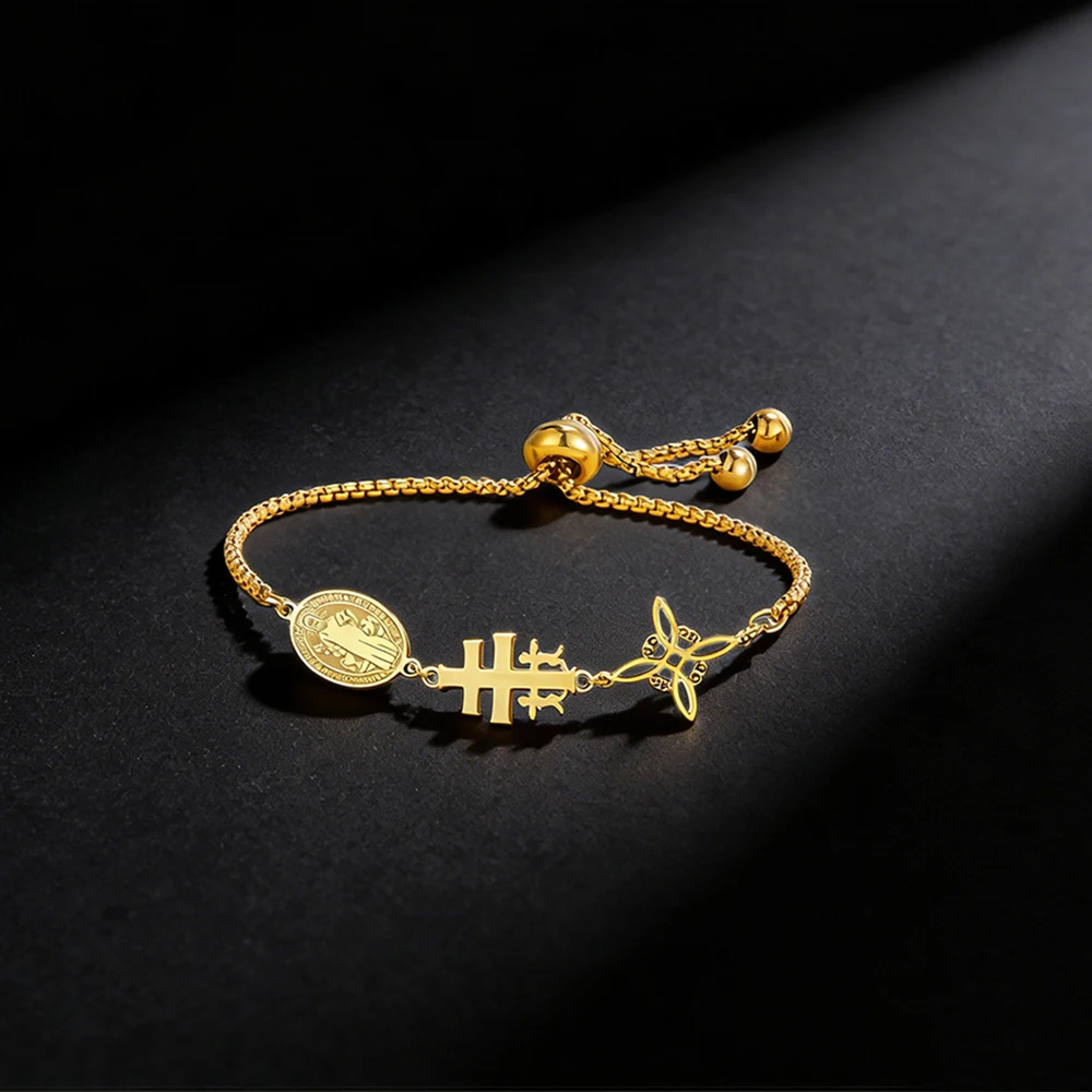 Triple Protection Bracelet St. Benedict Caravaca Cross Witch Knot  Stainless Steel Catholic Gift for Women Men