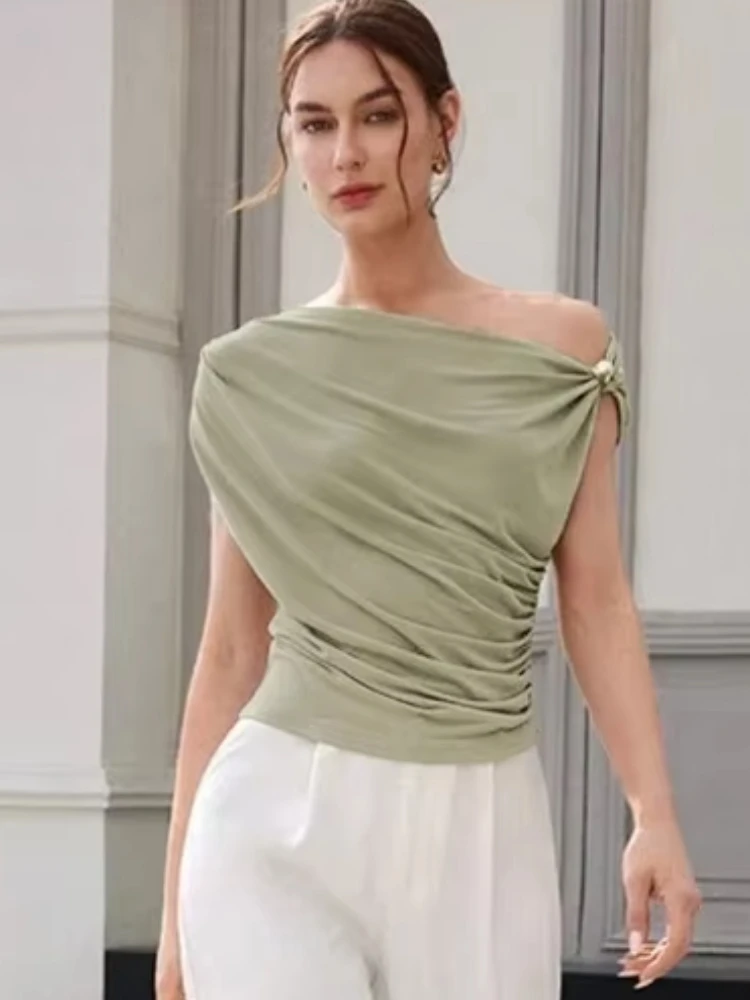 

Nibber простые нерегулярные топы с металлическими узлами, женские темпераментные плиссированные узкие эластичные однотонные повседневные уличные базовые футболки