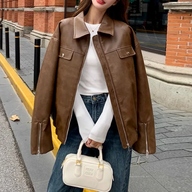 Giacca Americana in Pelle Marrone da Donna, Primavera Autunno 2026, Nuova Versione, Taglia Piccola, Inizio Autunno, Sensazione Premium