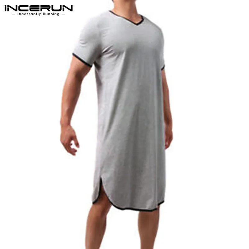 

Summer Short Sleeve V Neck Homewear INCERUN Men Patchwork Sleep Robes Hombre Loose Comfy Bathrobes Casual Solid Nightgown S-5XL