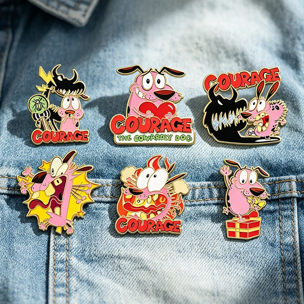 6Pcs Anime Brooch Cowardly Hero Pink Dogs Enamel Pins Women's Metal Lapel Badge on Bag Cloths Fashion Friends Jewelry Gifts