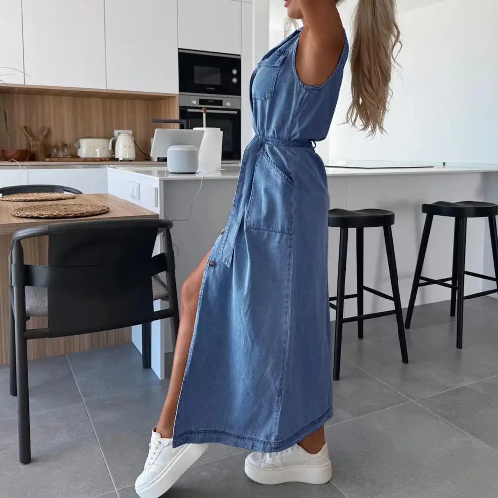 2025 신상 여성 데님 셔츠 드레스 여름 민소매 버튼다운 맥시 드레스 벨트 포함 라펠 V넥 롱 진 드레스 포켓付き
