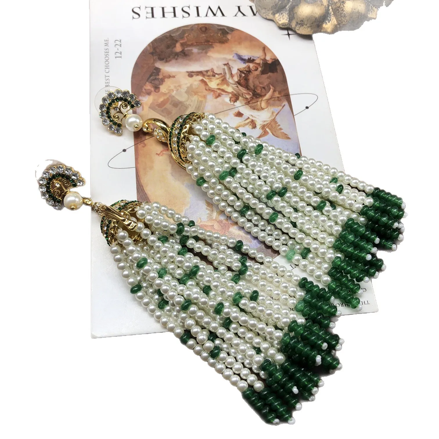 Retro green stud earrings pearl tassel earring artistic bijoux Stunning earrings