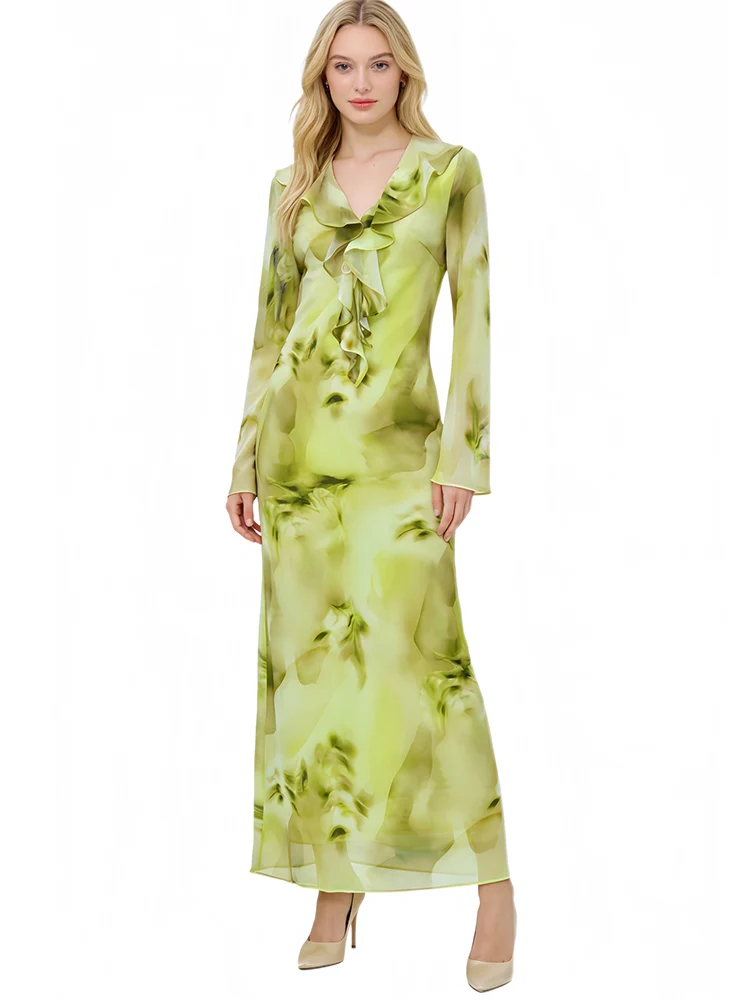 

JUNLINNA Fashion Elegant Dress Womwn Spring Autumn Printing Vestidos V Neck Long Sleeve High Street Lady