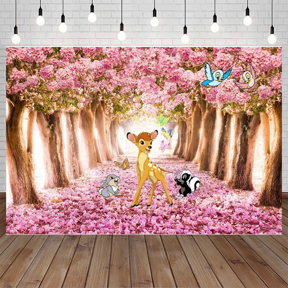 Bambi Backdrop for 1st Birthday Party Pink Flowers Bambi and Butterfly Baby Shower Background for Girl Vinyl Spring Forest Bambi