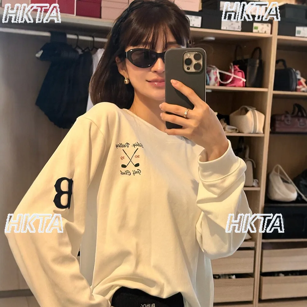 Japanese Badge Print Embroidered Patch Long-sleeved Tshirt Top Autumn New Casual Loose Shoulder Cotton White T-shirt Women