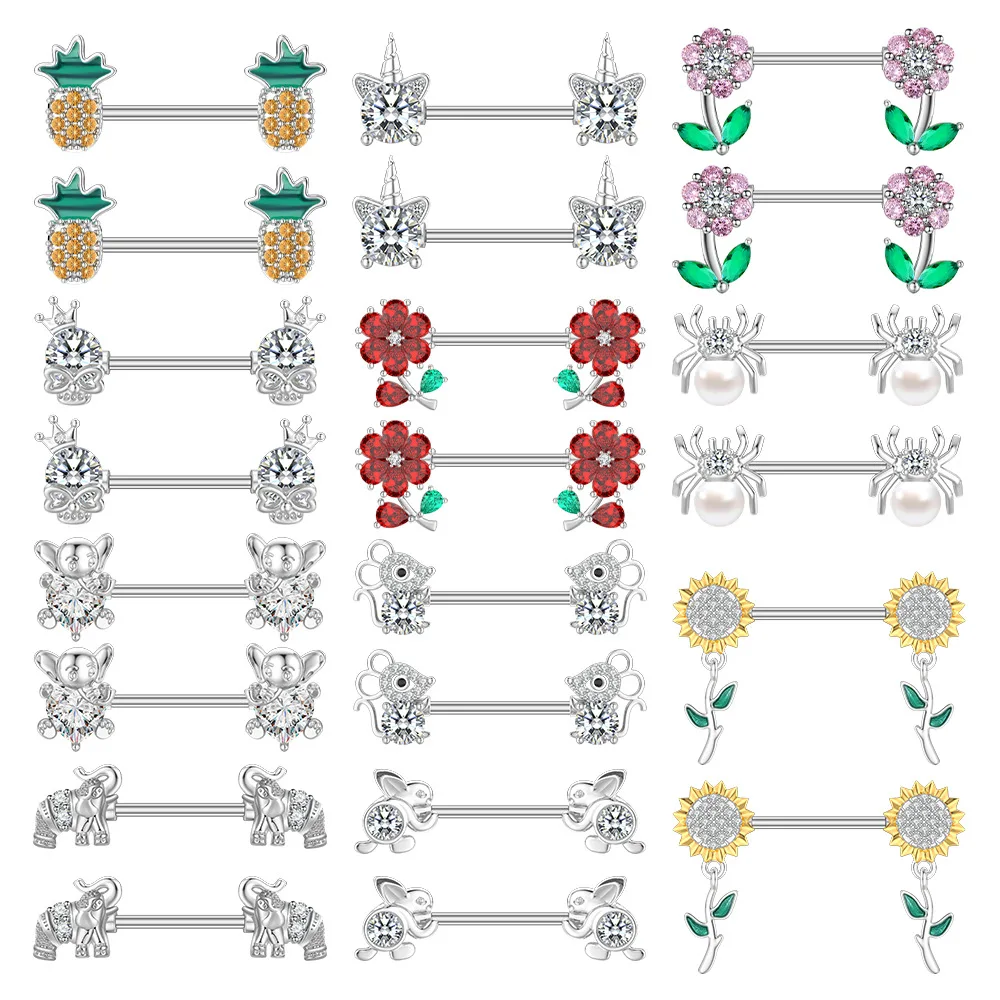 2pcs Animal Series Nipple Piercings Rings for Women Girls Cute Rabbit Elephant Crystal Nipple Shield Cover Flower Nipple Ring