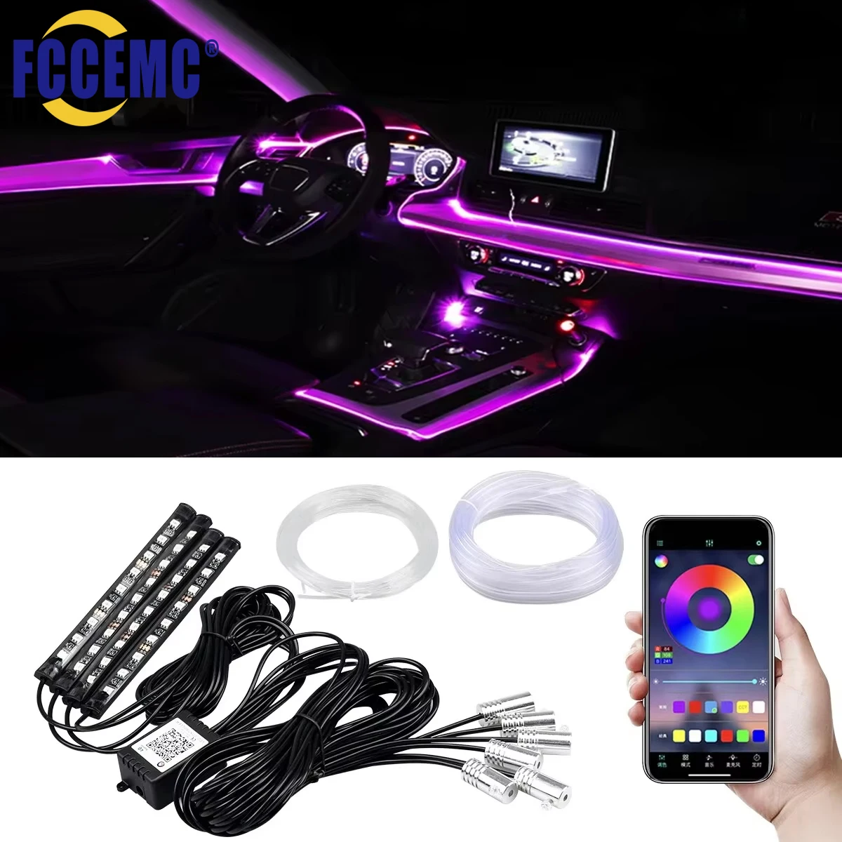 LED Car Interior Ambient Light Strip RGB Fiber Optic Atmosphere Neon Lighting Kit APP Wireless Control Auto Decorative Lamp