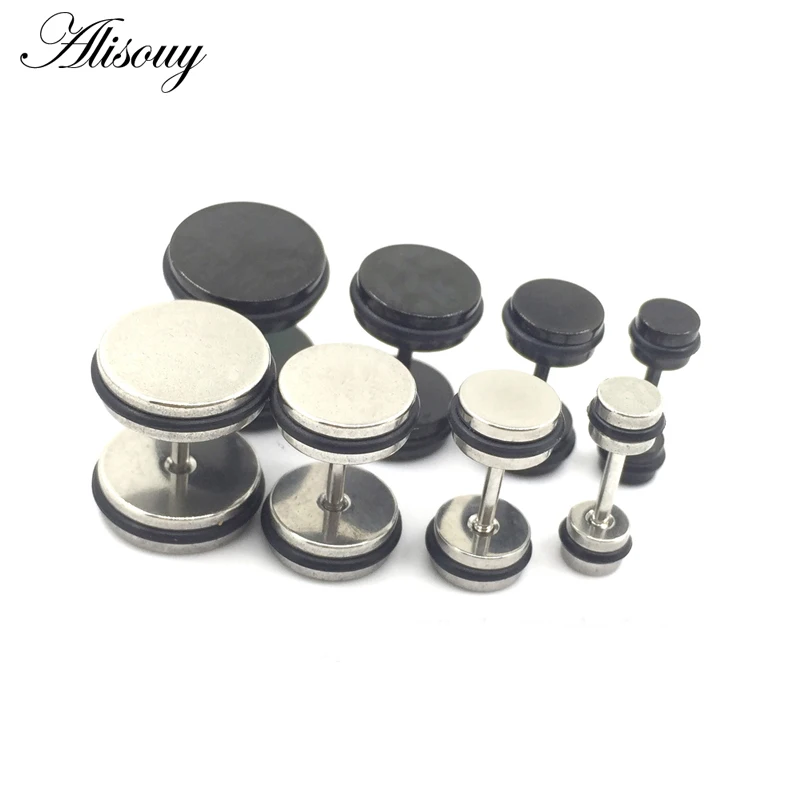 Alisouy 2Pc Stainless Steel Fake Ear Plugs Screw Round Barbell Earring With O rings Ear Expander Earrings Body Jewelry Men Women