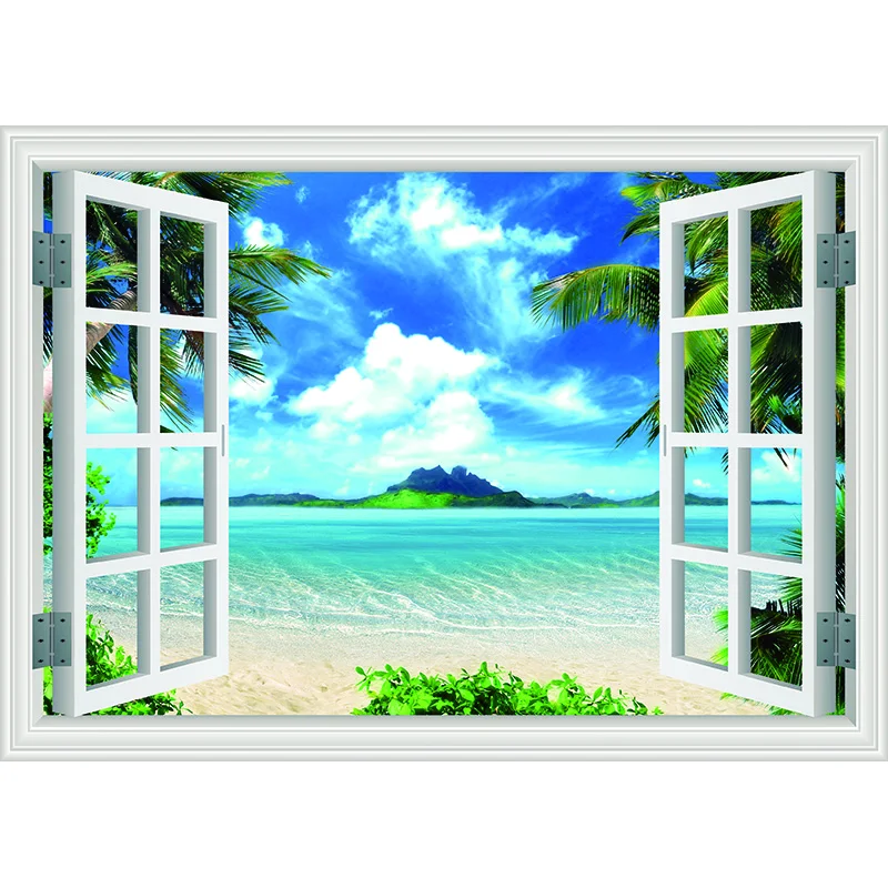 SHENGYONGBAO Window Beach Coconut Tree Photography Backdrops Props Scenery Mall Indoor Decoration Photo Studio Background HH-18