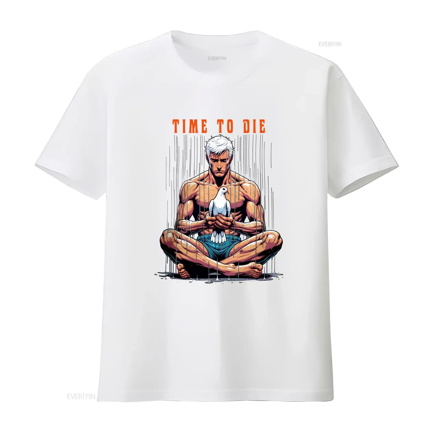 Cool Streetwear Comic Style Time To Die Slogan Muscular Man Holding Peace Dove Print Casual T Shirt vintage Washed homme