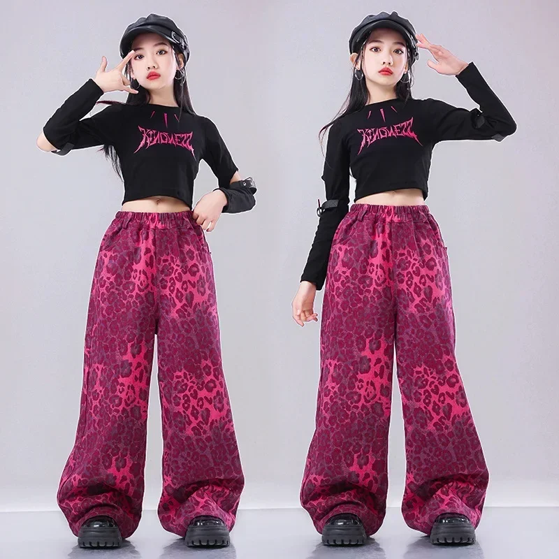 ملابس أداء رقص الجاز بدلات سرية ملابس بروفة المدرج للفتيات مجموعة من السراويل الوردية المطبوعة بطبعة الفهد لعمر 6-16 سنة #1