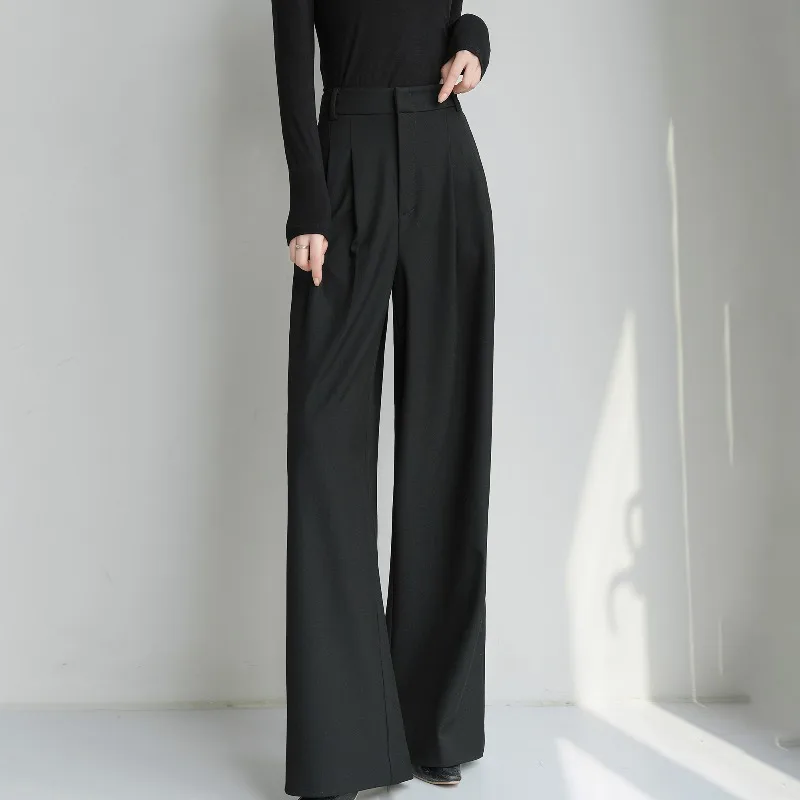 Novo quatro estações preto cintura alta alta casual pendurado calças para mulheres ao ar livre de alta qualidade versátil calças largas perna