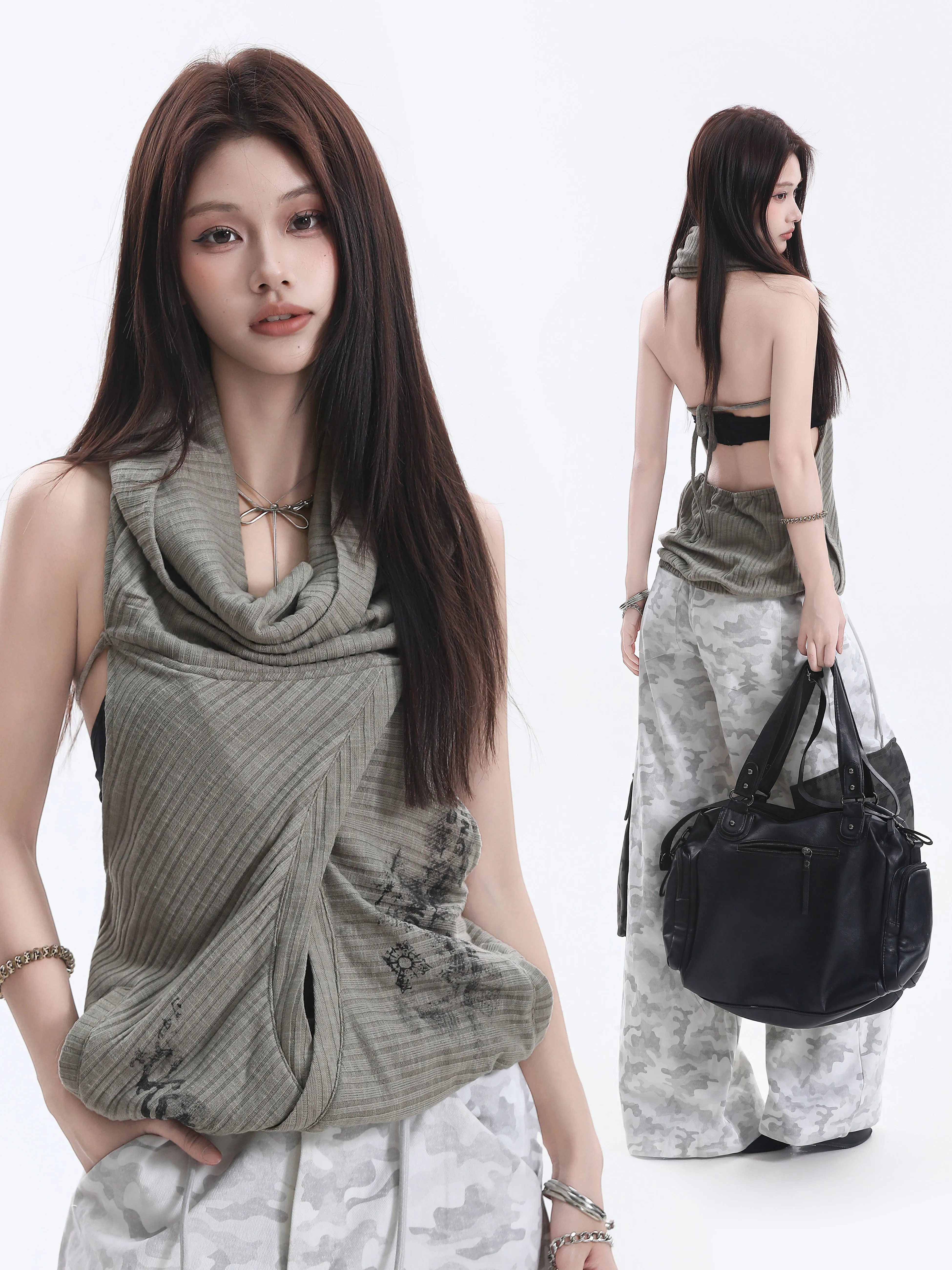 Small Ball Ball Worn-In Print Vest Women's Hooded Sleeveless Backless Belted Top Polyester Blend Short Length Summer Style