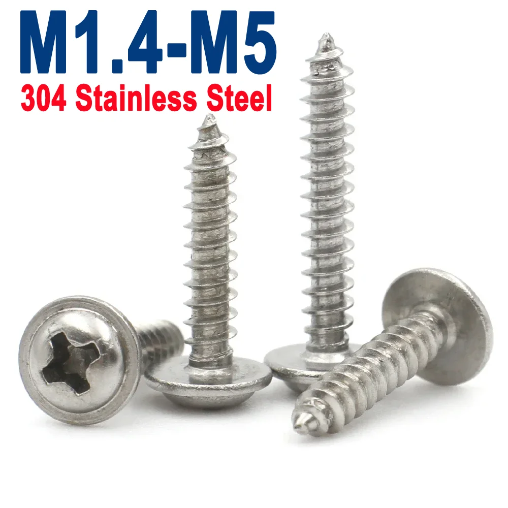 

20/50/100/200pcs M1.4 M1.7 M2.6 M3 M3.5 M4 M5 304 Stainless Steel Cross Phillips Pan Round Head with Washer Self-Tapping Screw