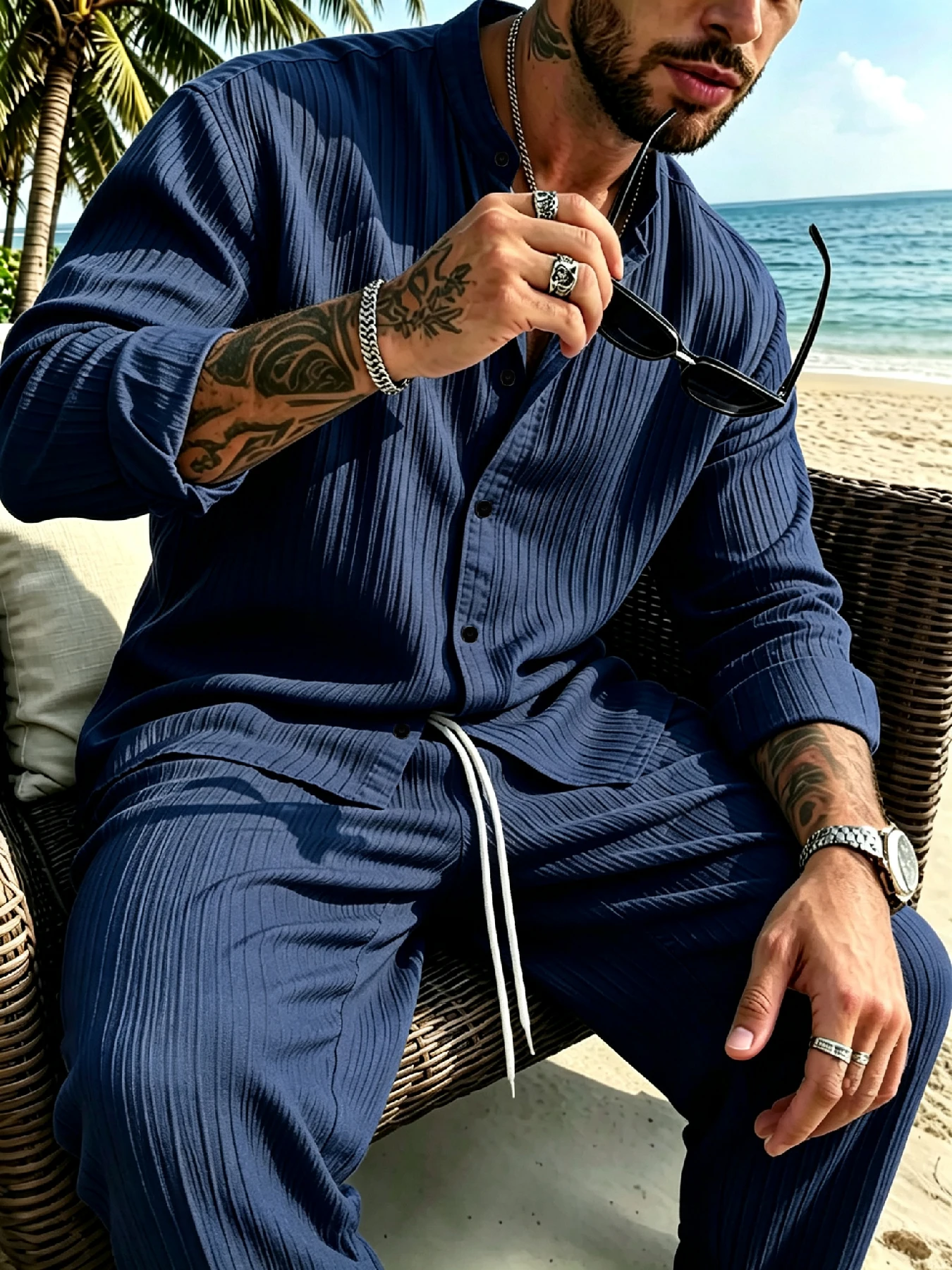 Men's Lazy Relaxed Style Textured Stripe 2-Piece Set, Stand Collar Rollable Long Sleeve Shirt with Elastic Drawstring Pants, Loo