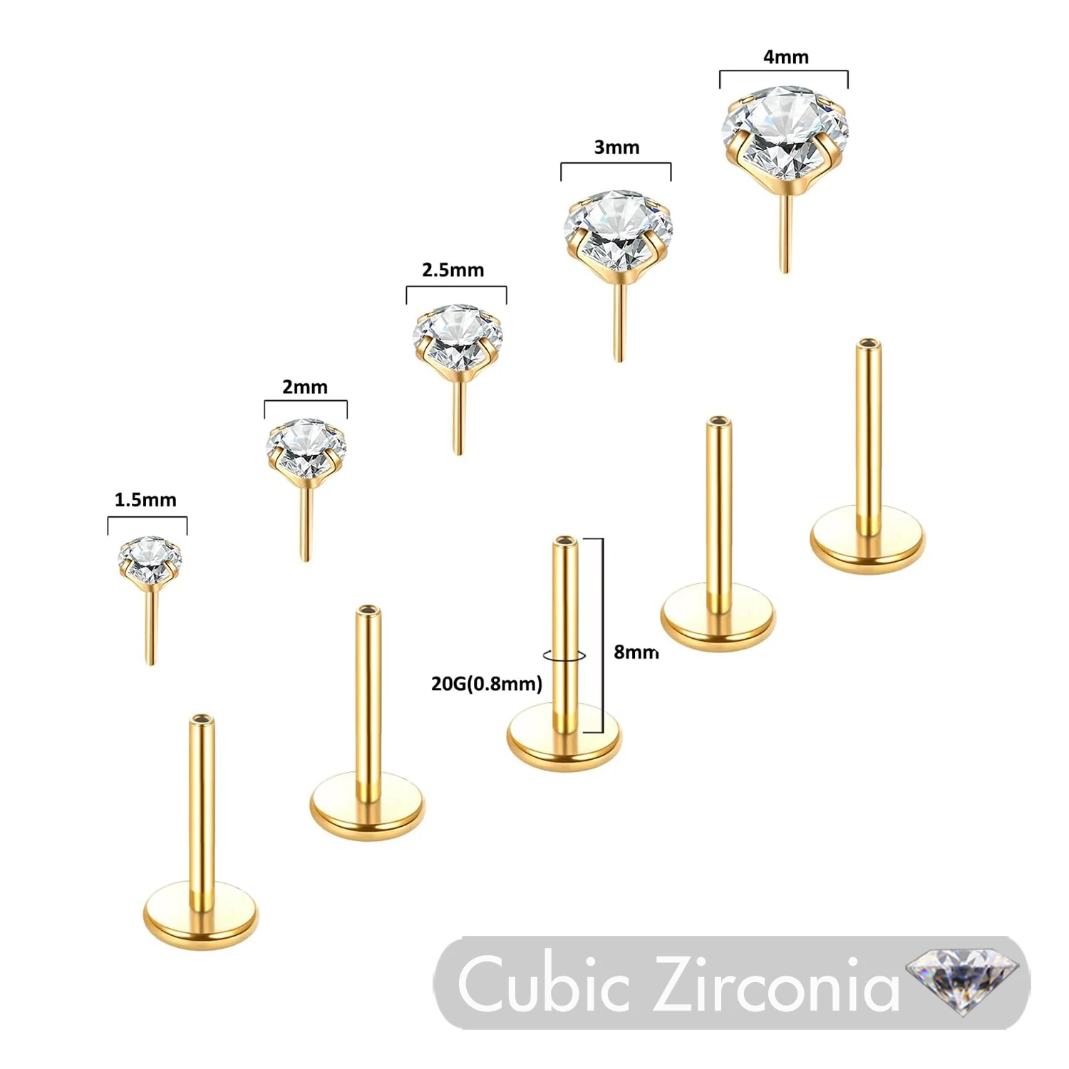 5Pcs Threadless Push In Ear Nose Lip Piercing Jewelry for Women Cartilage Tragus Labret Nostril Earrings Cubic Zirconia 18G/20G