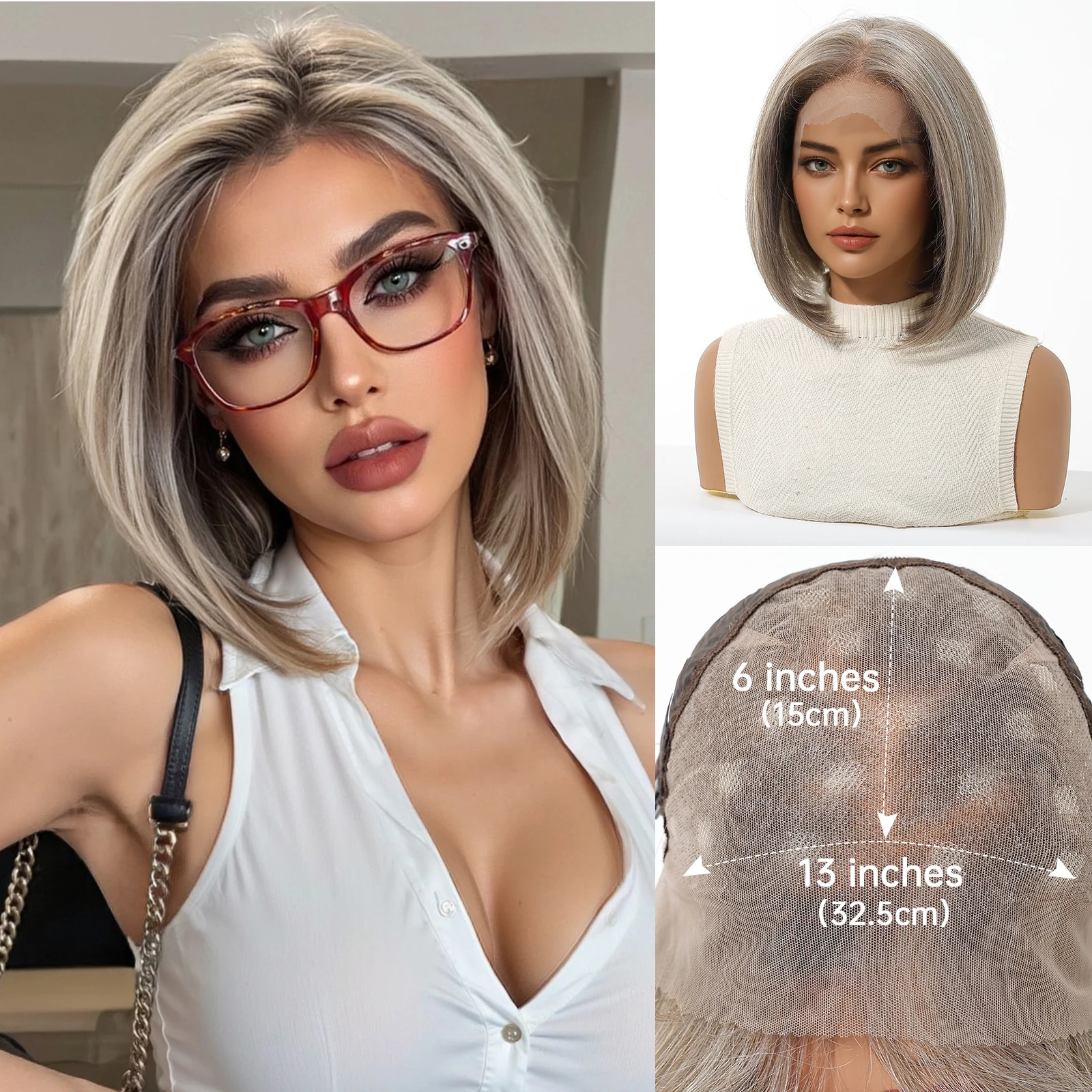 Topshe 13x6 HD Lace Frontal Bob Wig Ash Gray Pre-Plucked Natural Hairline Hand-Woven Undetectable Realistic Synthetic Wigs