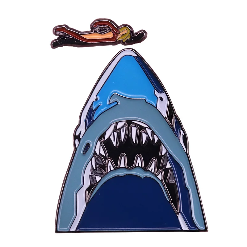 Jaws Enamel Pin Swimming Over Shark Mouth Badge Steven Spielberg\'s Classic Horror Movie Brooches