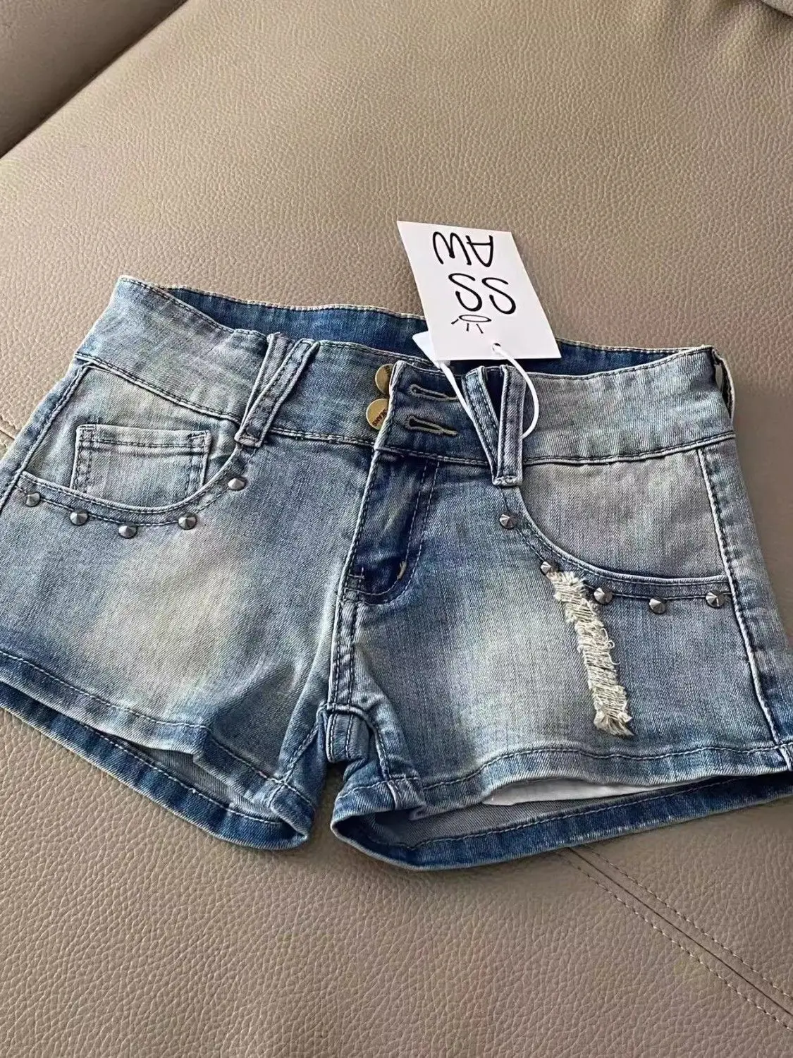 Retro Worn Rivet Denim Shorts Women's Summer New Low Waist Elastic Hip-wrapped A-word Jeans Hot Pants