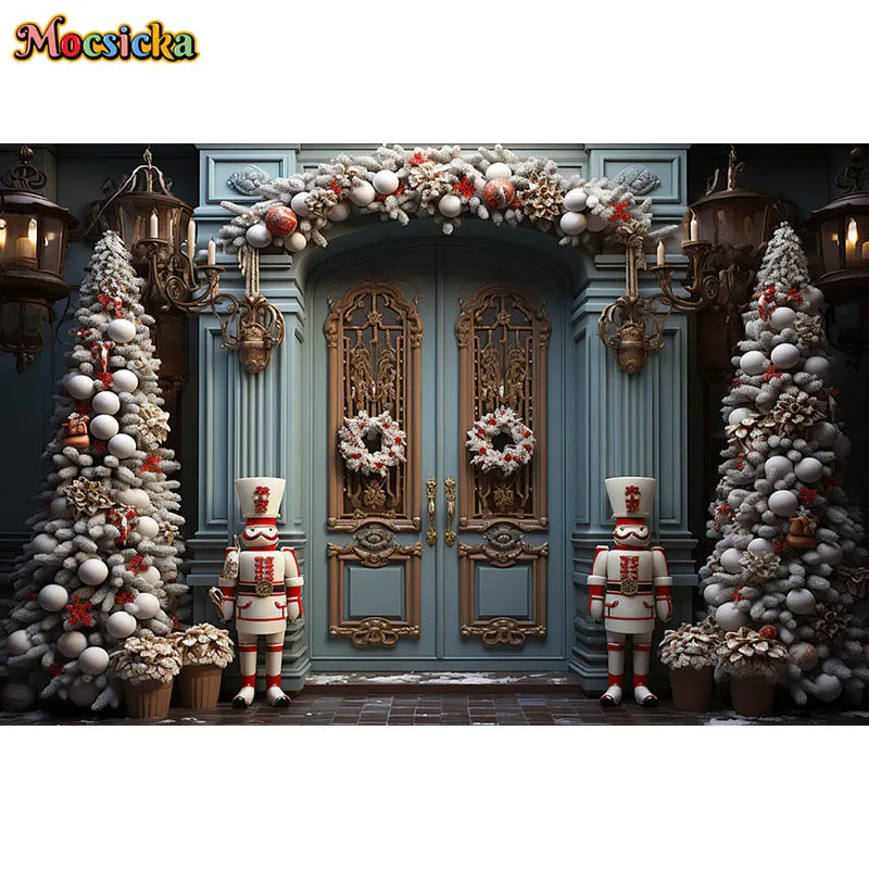 Christmas Tree Toy Soldier Photography Backdrop Winter Blue Classic Door Decor Photocall Kids Birthday Portrait Photo Background