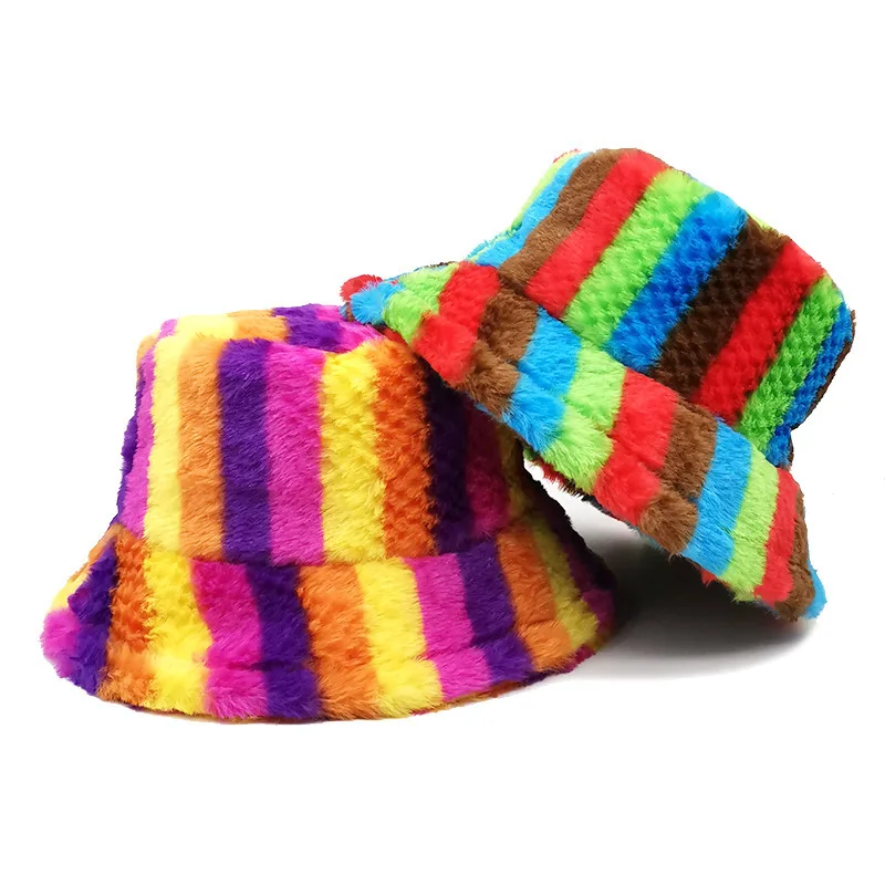 Rainbow Striped Rabbit Plush Bucket Hat Autumn  Winter Hat Women's Thickened Warm Age Reducing Big Eaves Sunshade Basin Hat Tide