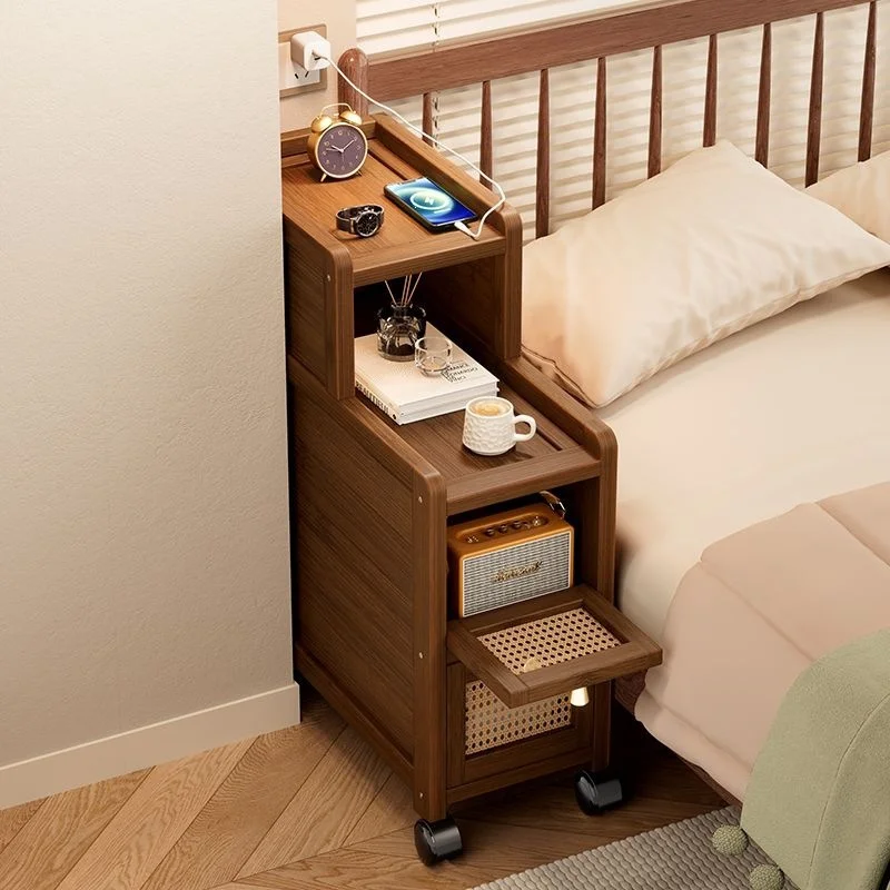 Multi-Size Bamboo Bedside Table Narrow Gap Storage Cabinet With Universal Wheels, 3 Designs Nightstand For Home Living Room