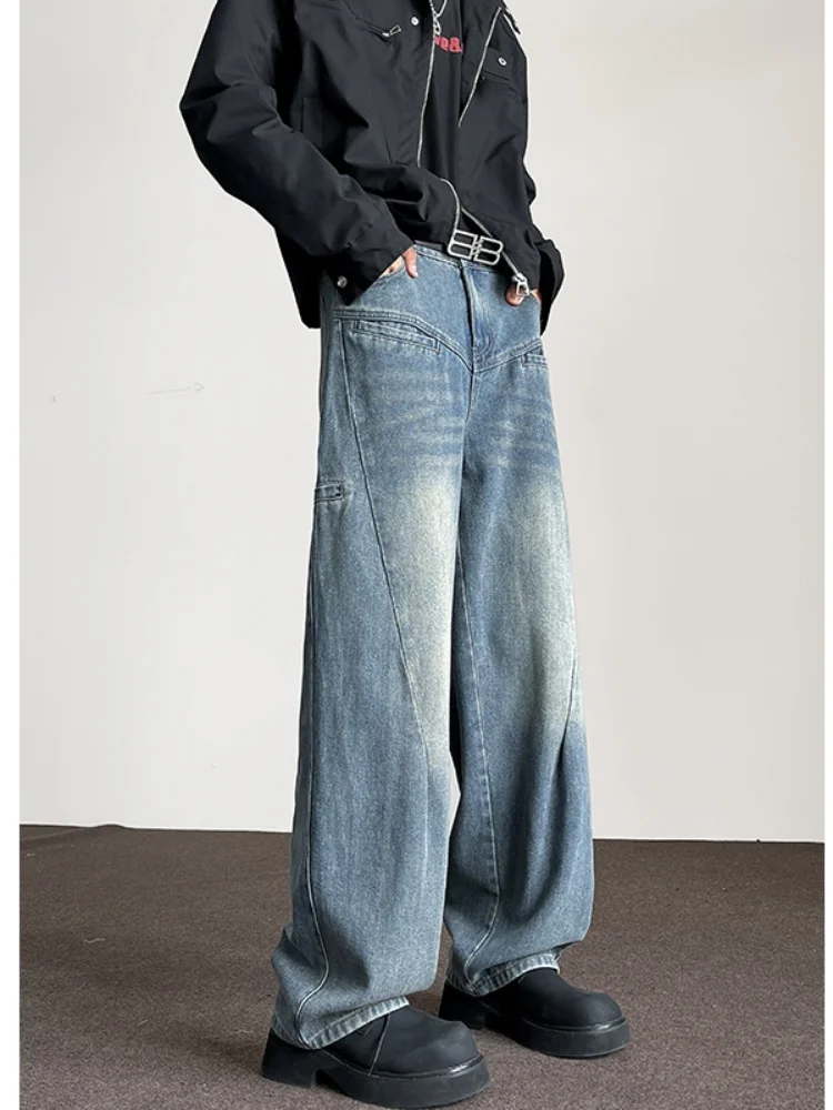 

Мужские широкие джинсы прямого кроя в стиле High Street, осенняя новинка, американский стиль, повседневные, износостойкие, с эффектом вываривания