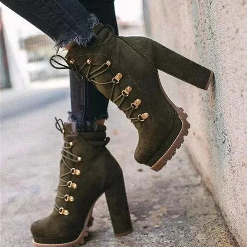 Women Flock Rivet Square High Heels Ankle Boots Female Autumn Fashion Lace-Up Shoes Ladies Elegant Sexy Footwear Big Size