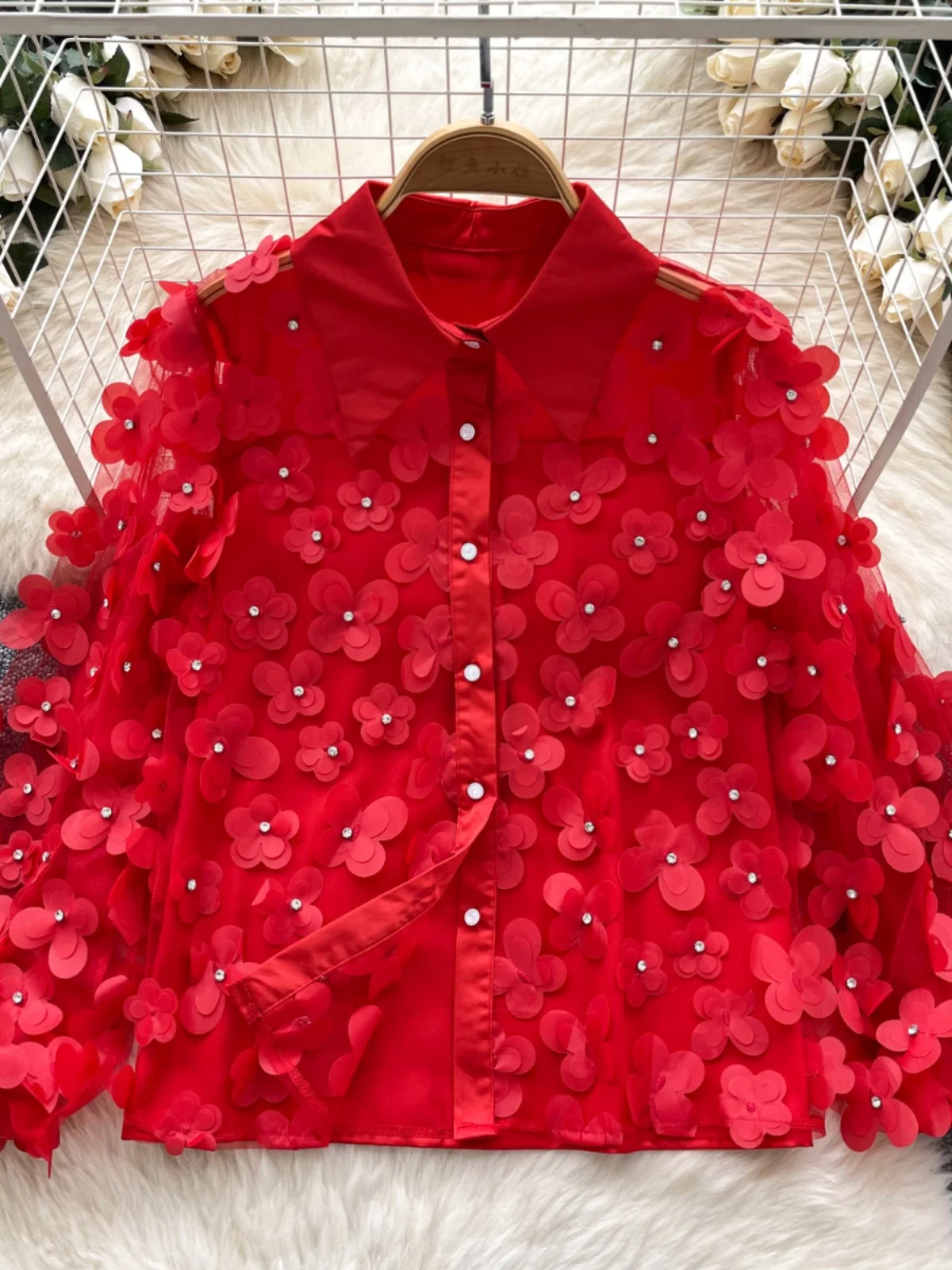 

Элегантная женская рубашка свободного кроя с длинными рукавами, с обильной вышивкой бисером и 3D-цветами, модная рубашка в корейском стиле для повседневной носки