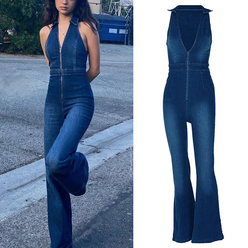 

New Women Fashion Denim Jumpsuit Elegant Sleeveless Zipper Hipster High Street Wide Legs Lady Casual Bodysuit Streetwear Outfits
