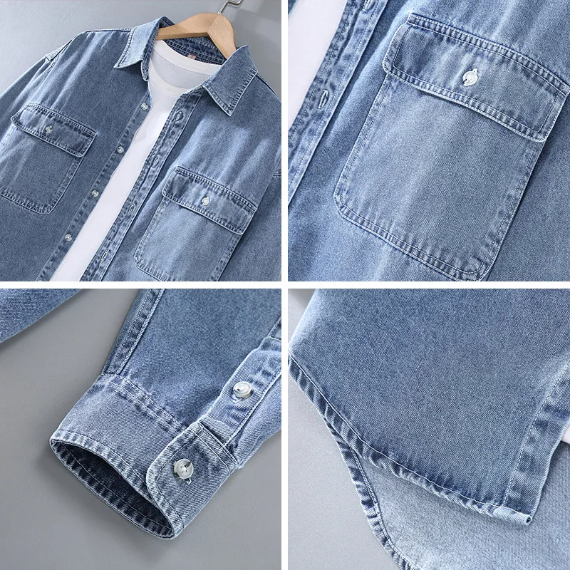 Japan Vintage 100% Baumwolle gewaschene Jeans hemden für Männer Taschen hellblau Langarm Arbeits kleidung Herbst Herbst Jugend männliche Tops Mäntel