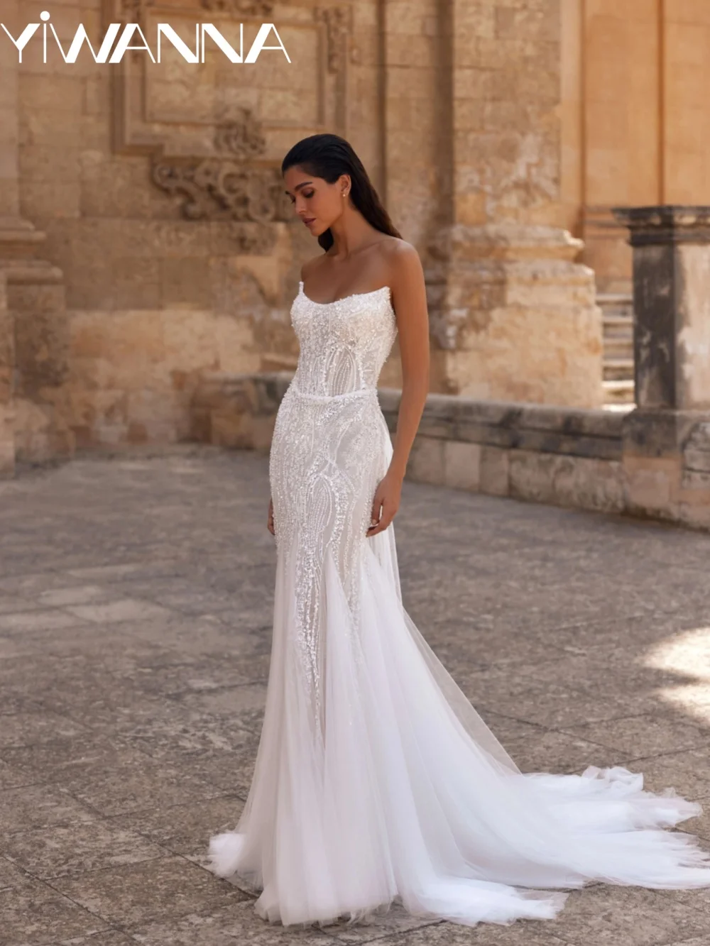 

White Elegant Beaded Wedding Dress Exquisite Strapless Long Bridal Gown New Customized Dreamy Mermaid Dresses For Bride