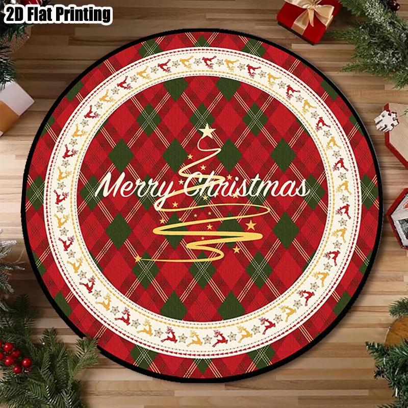 Christmas Round Area Rug Red Black Check Plaid Bear Circle Carpet Non Slip Washable Country Lodge Entryway Home Decor