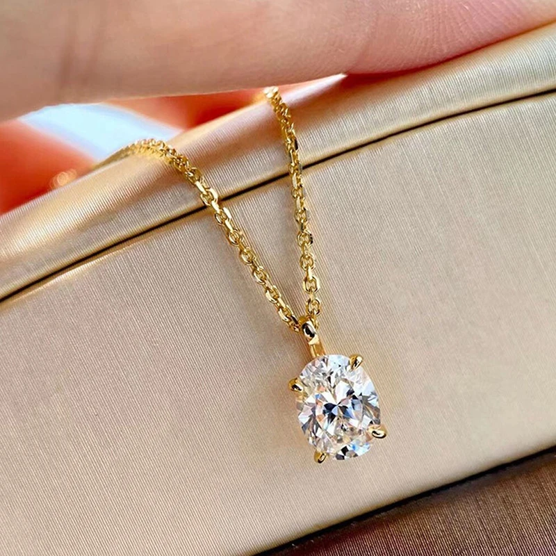 Huitan Simple Oval Shape Zirconia Pendant Necklace Lady Engagement Jewelry Fashion Versatile Gold Color Accessories for Wedding