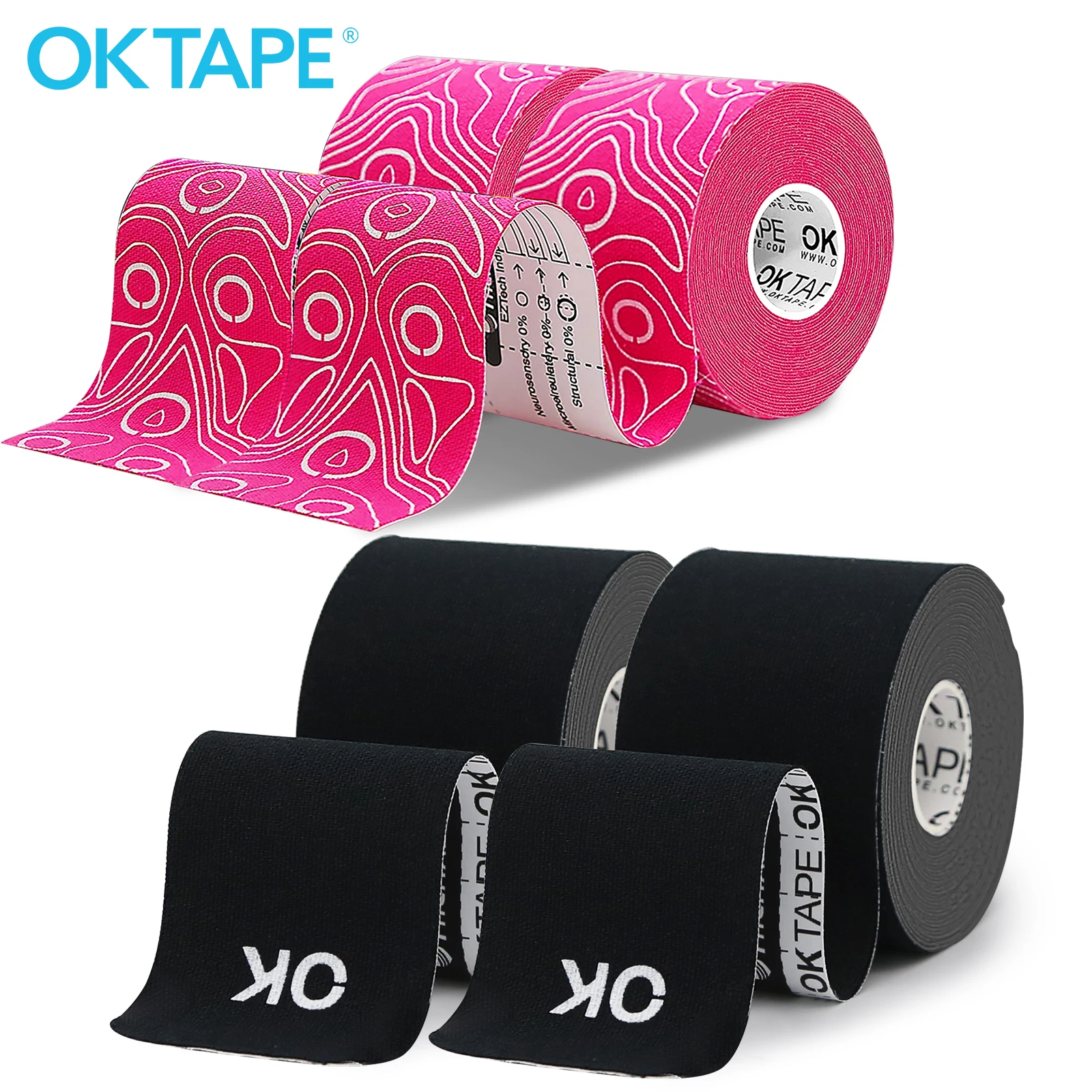 OK TAPE Kinesiology Tape 4 Rolls 5CMx5M, 2Pro+2Classic Precut, Cotton Elastic Athletic Tape, Waterproof Breathable Latex Free