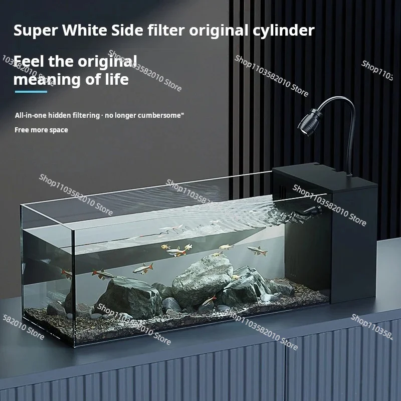 Modern Eco-Friendly Back Filter Fish Tank, Ultra-Clear Glass Desktop Aquarium with Side Filtration System