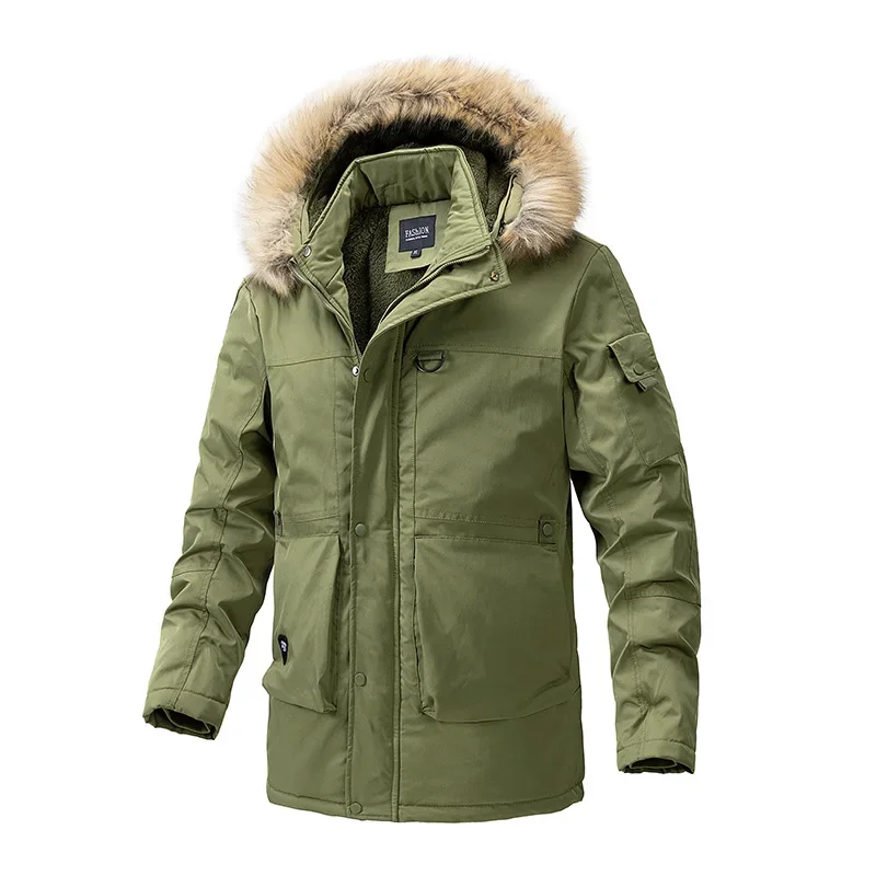 Parka con capucha de trabajo para hombre, abrigo cálido de terciopelo a prueba de viento con cuello de piel a la moda, ropa de Montañismo al aire libre para otoño e invierno