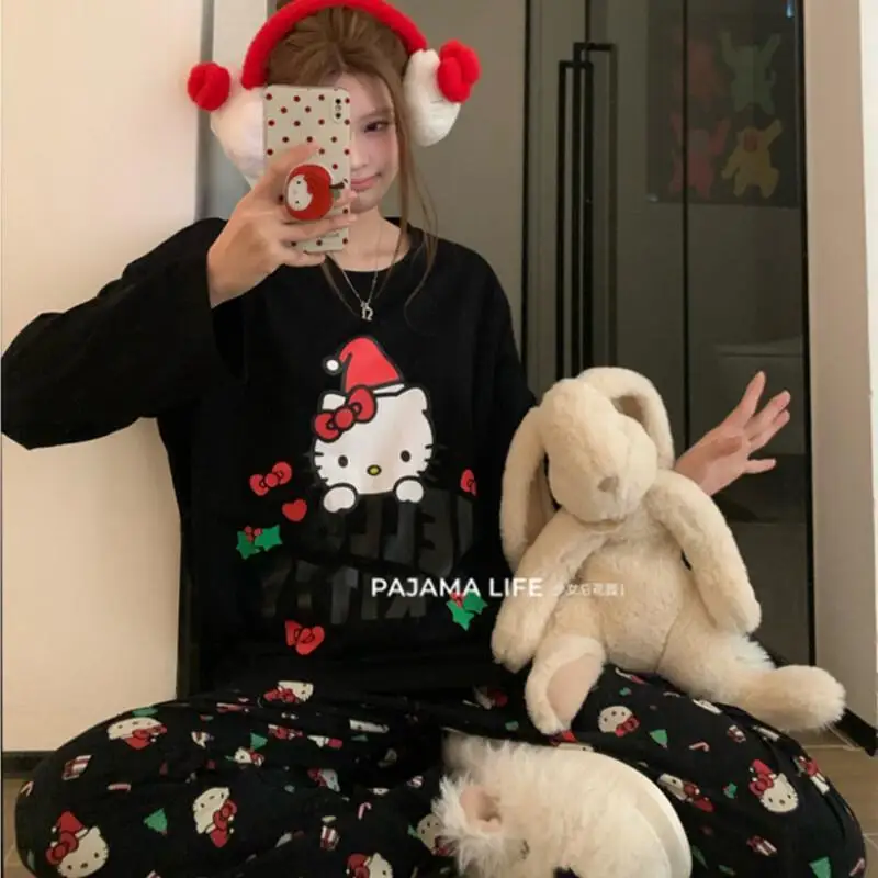 

Y2K Sanrio Hello Kitty Pajama Set Cozy Fabric Adult Women Home Wear Long Sleeve Long Pants Black Christmas Spring Autumn Casual