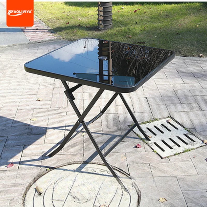 

Aoliviya Outdoor Folding Table Balcony Leisure Glass round Square Table Coffee Shop Milk Tea Shop Courtyard Iron Portable