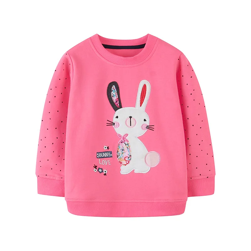 Girls Pullover Tops 100% Cotton Bunny Applique Polka Dot Sleeve Hoodies Sweatshirts Toddler Kids Crew Neck Long Sleeve Clothes