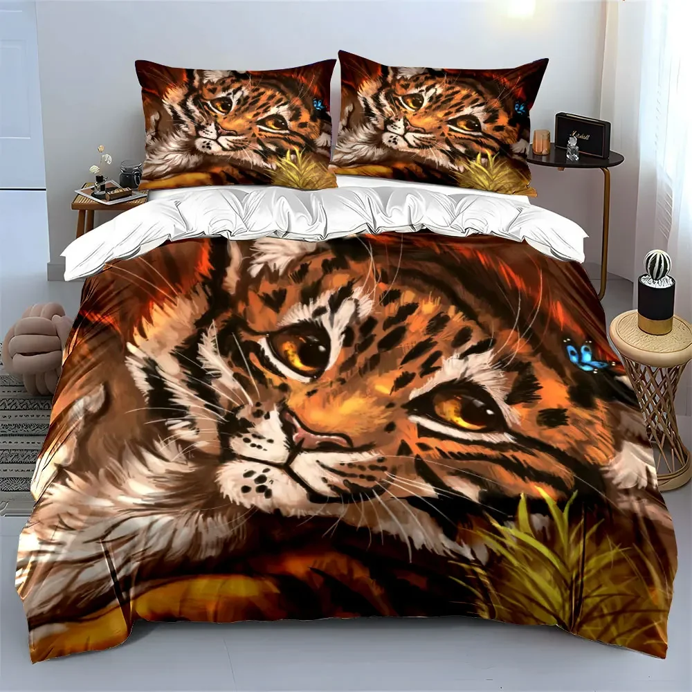 3Pcs Cute Clouded Leopard Bedding Set, Big Cat with Blue Butterfly Print Duvet Cover + 2 Pillowcases, Wildlife Art Decor