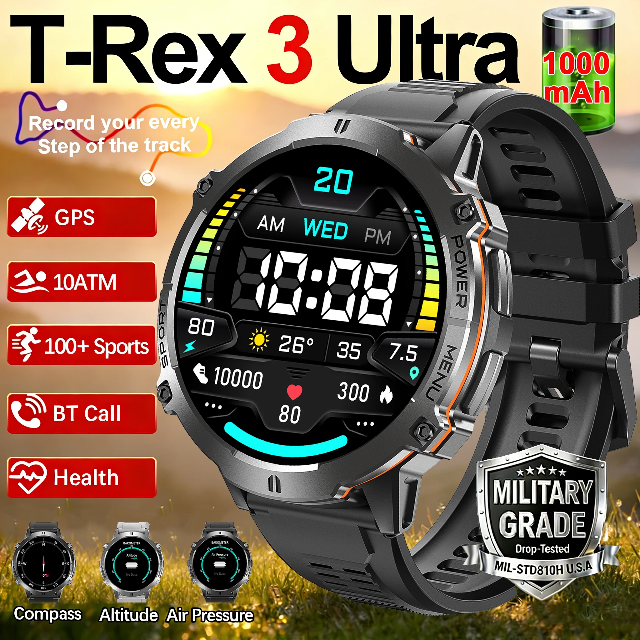 

2026 New T-REX 3 GPS Sports Smartwatches Men Compass 10ATM Waterproof 24/7 Health Monitoring Chat GPT Bluetooth Call Smart Watch