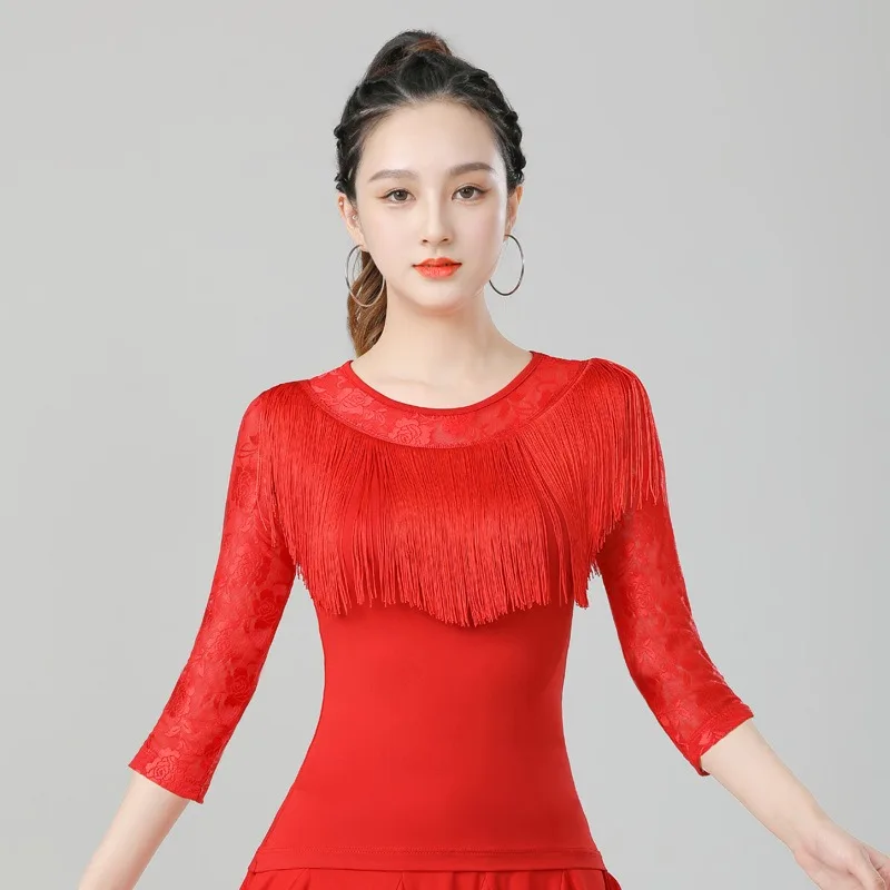 Abito da ballo latino standard nazionale personalizzato per donne adulte Abbigliamento da ballo moderno con nappe e top da allenamento a maniche lunghe nero