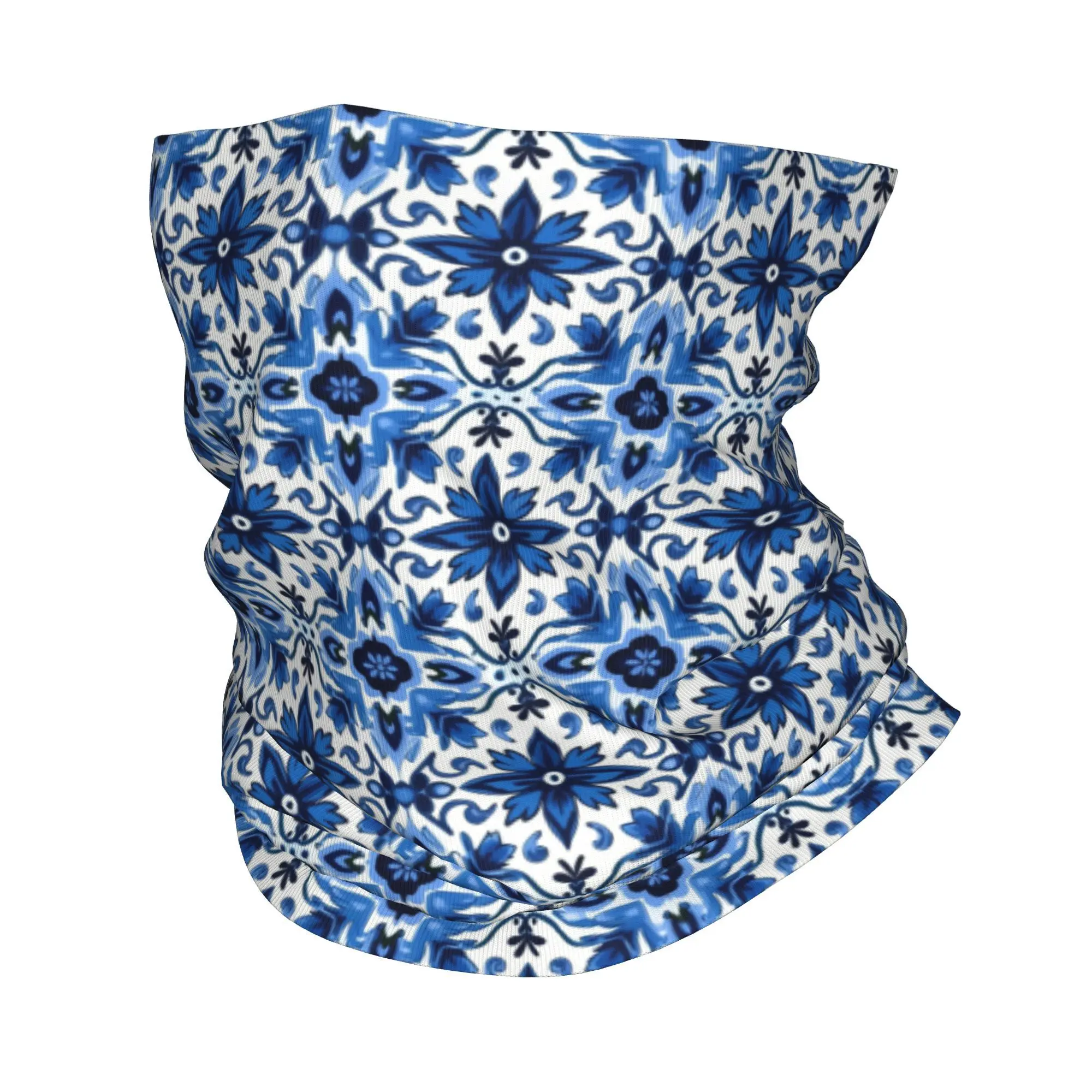파란색과 흰색 세라믹 타일 아트 바로크풍 디자인 반다나 넥 게이터 프린트 랩 마스크 스카프 사이클링 스카프 라이딩 유니섹스