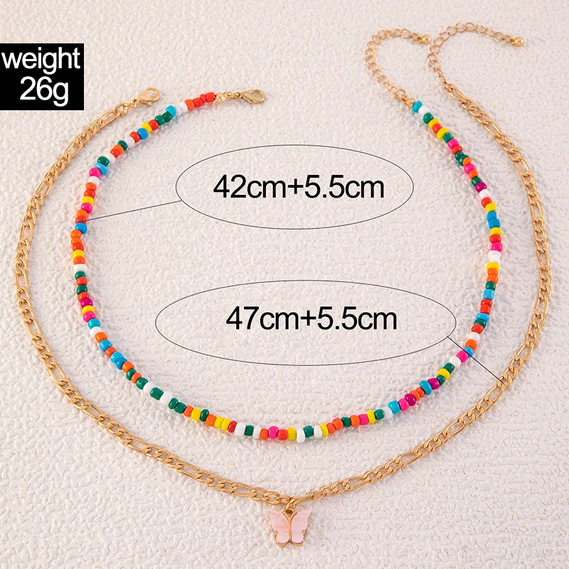 Tocona Ethnic Style Butterfly Layered Pendant Necklace for Women Colorful Beads Alloy Metal Ajustable Jewelry Gift Collar 24490