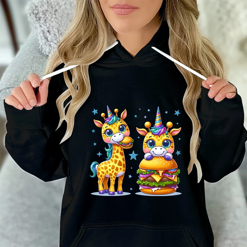 

Giraffe Print Women Kawaii Cartoon Sweatshirt Hoodies Kawaii Giraffe Hamburger Fashion Casual Hoodies Cartoon Animals Sweatshirt