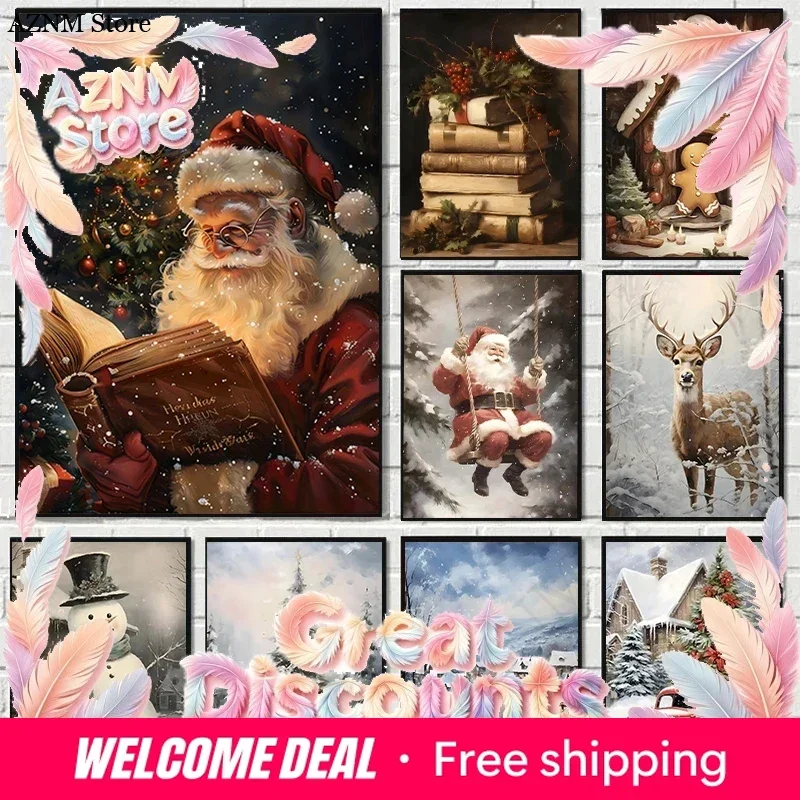 Retro Santa Claus and Reindeer Canvas Print Winter Gingerbread Hut Wall Art Poster Modern Living Room Christmas Home Decor Gi